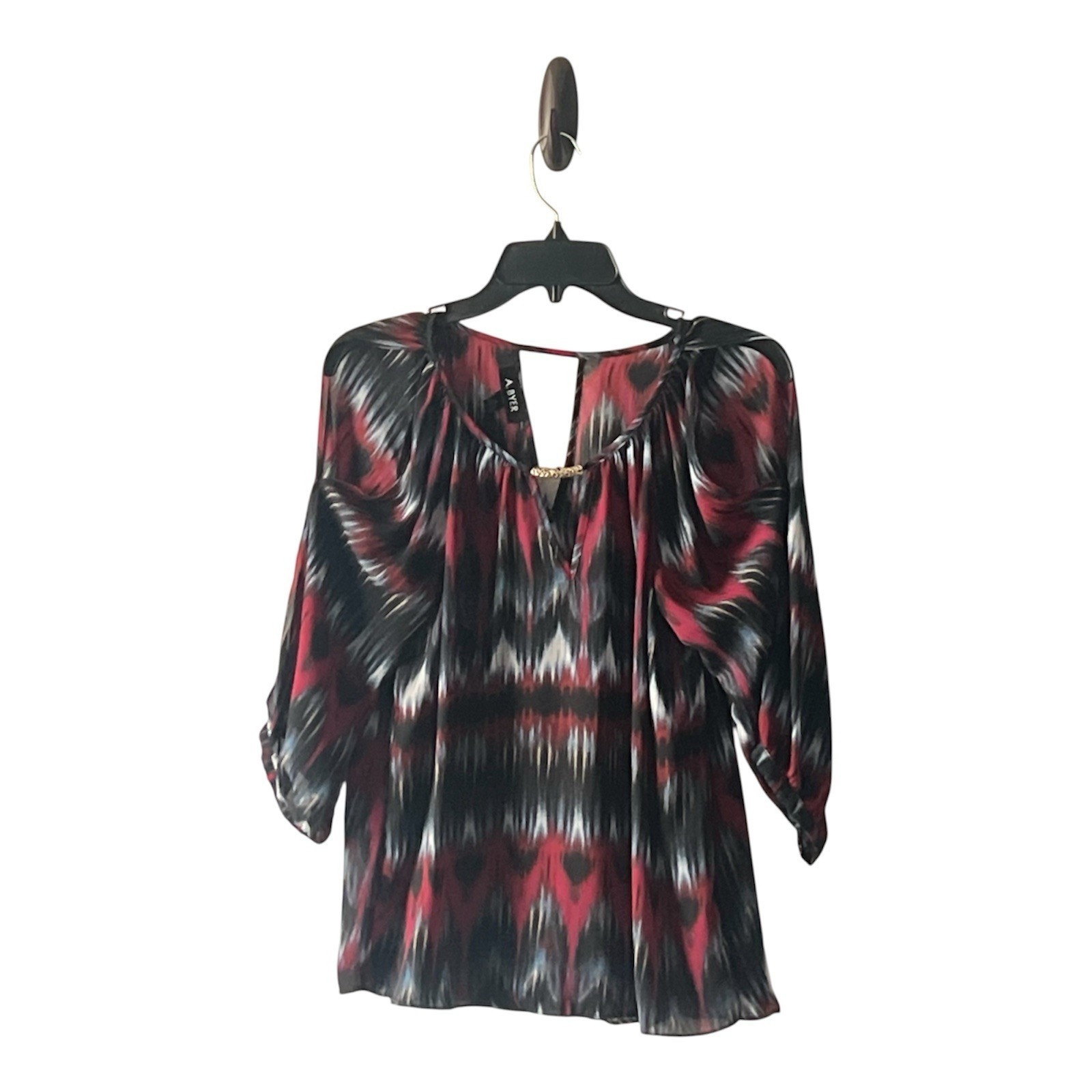A Bayer Women's Scoop Neck Gold Accent 3/4 Cut Out Sleeve Flowy Blouse Size M